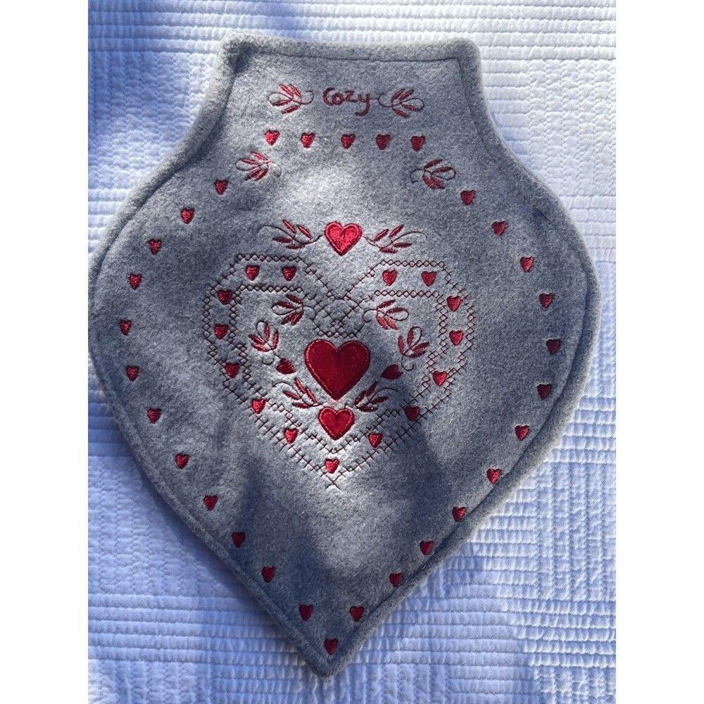 Victorian Trading Co Grey Embroidered Heart Hot Water Bottle Cover ONLY Folk Art